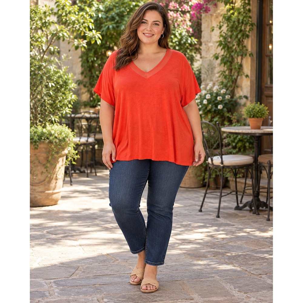 Avenue Pinkl V-Neck Mesh Trim Short Sleeve Top 22/24